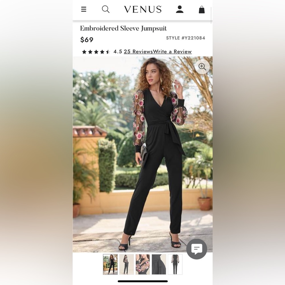 Women's Embroidered Sleeve Jumpsuit - Black Multi, Size S by Venus NWT
